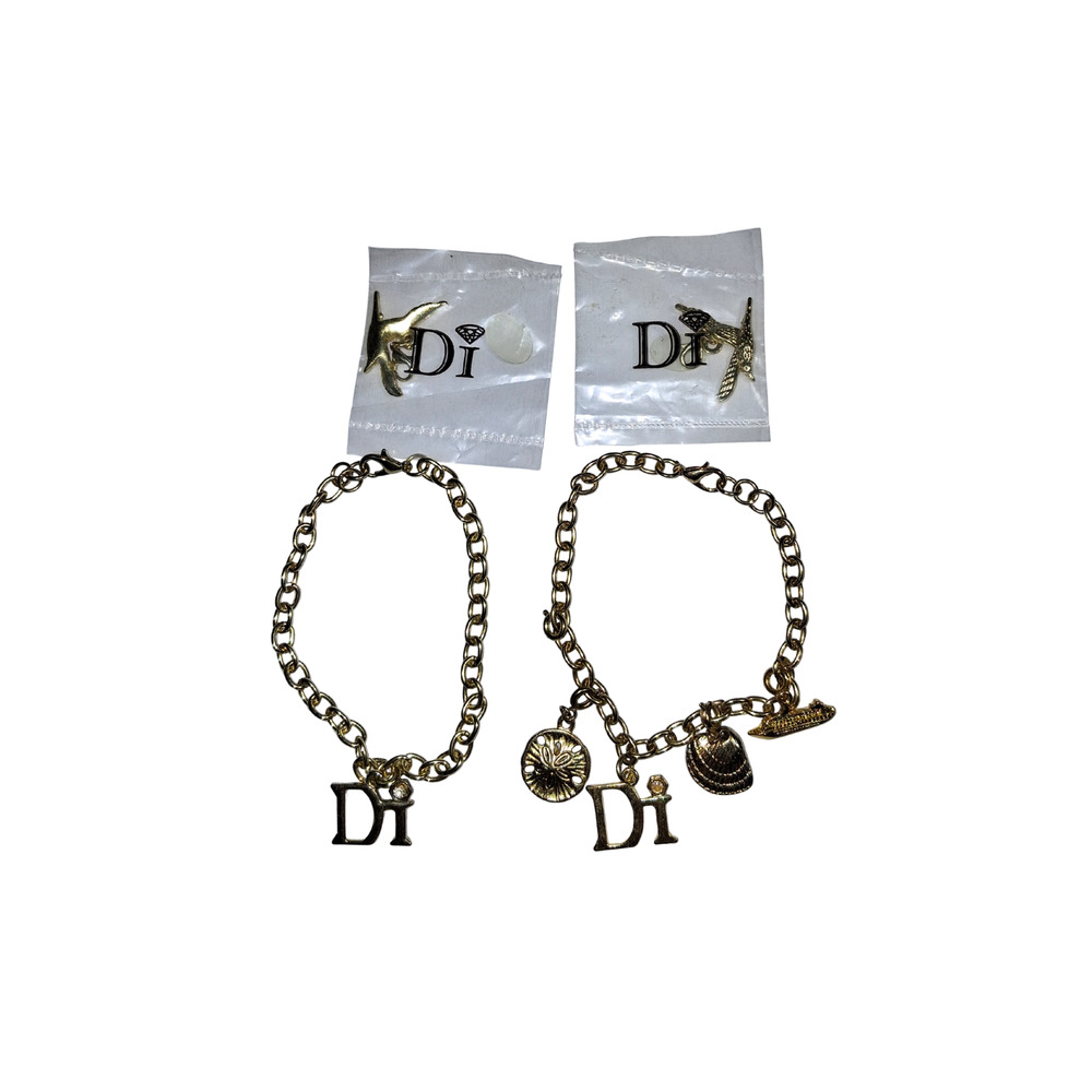 Lot Of Two Metal Women's Gold Tone Di Charm Bracelets With Charms - 7 Inches
